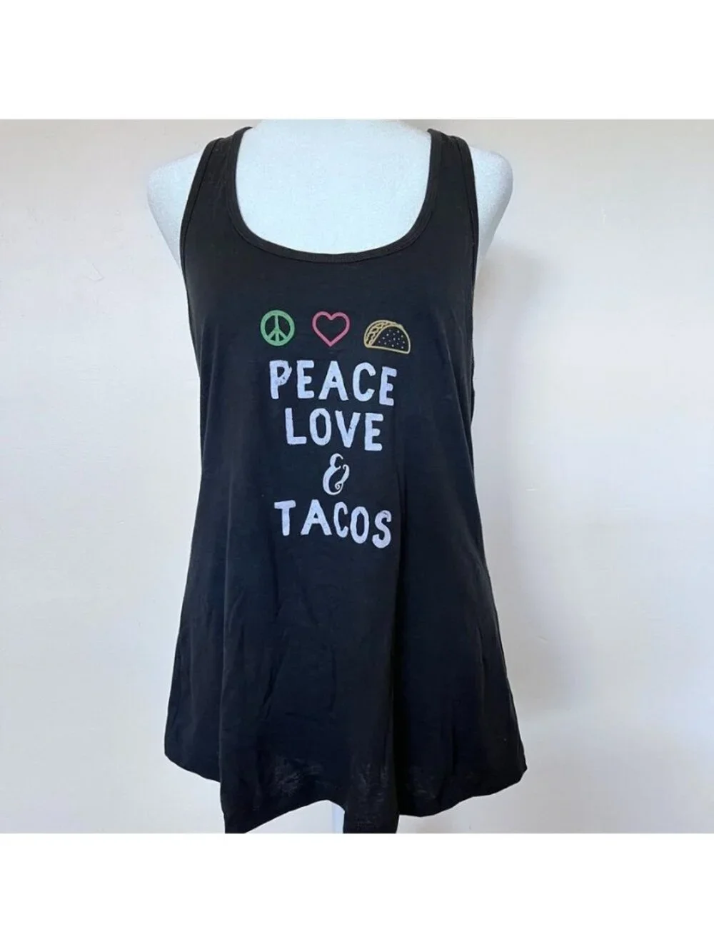 Womens Peace Love & Tacos Graphic Racerback Tank Tee Whimsical Boho Yoga Workout - Picture 1 of 7
